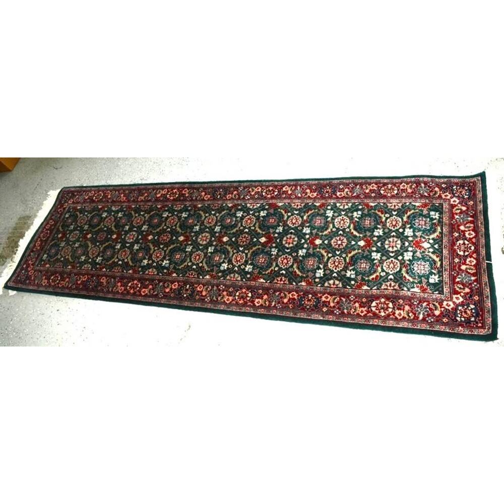 Vintage Hand-Knotted Pak Persian Wool Runner Rug in Dark Green and Wine Red.